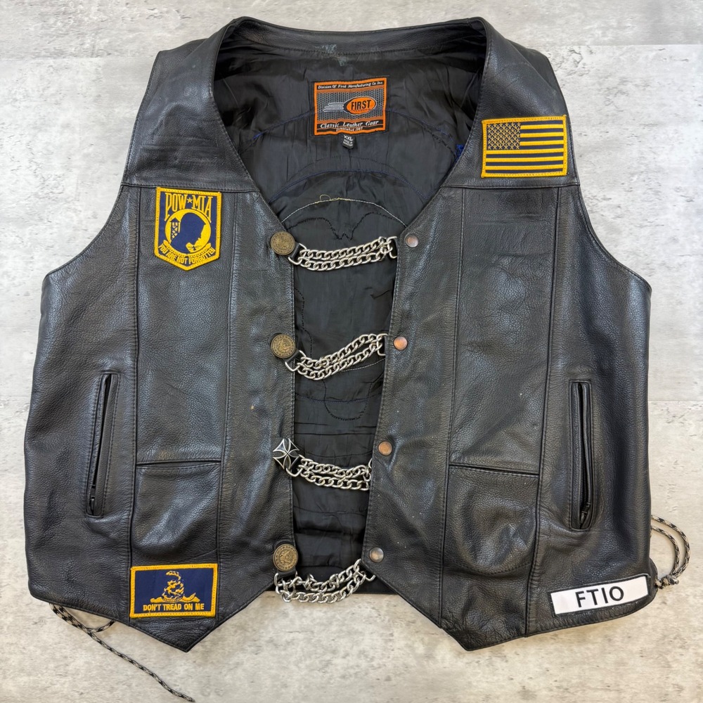 First Classics Mens XXL Black Leather Biker Vest US Navy Combat Veteran Patches